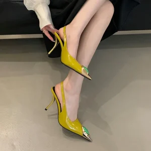 Women’s Black PU Leather Super High Heel Hollow Shallow Mouth Pointed Toe Buckle Strap Anti-slip Summer Outdoor Sandals
