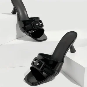 Women’s Black Patent Leather Buckle Mule Sandals Square Toe Kitten Heel Slip-On Hard-Wearing Height Increasing Fashion Trend