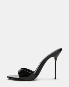 Women’s Black Patent Leather Stiletto Heel Mules Open Toe Slide On Party Dress Shoes
