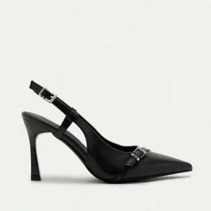 Women’s Black Patent Slingback Heels Pointed Toe Spool Heel Pumps with Buckle Straps Elegant Office Dress Shoes for