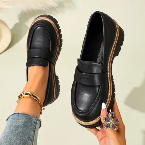 Women’s Black Platform Penny Loafers Chunky Sole Slip-on Casual Shoes Women Shoes