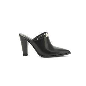 Women’s Black Pointed Toe Mules Chunky Heel with Silver Buckle Elegant Backless Mules for Office and Daily Outfits