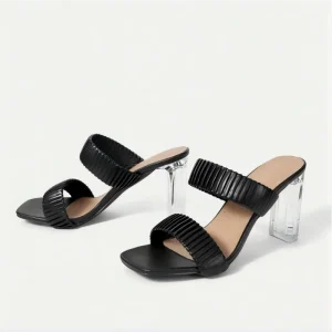 Women’s Black Ruched Outdoor Mule Square Toe Clear Block Heel Slides Dual Straps Breathable Elegant Party Casual Dress Shoes
