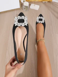 Women’s Black Satin Pointed Toe Flats with Crystal Square Buckle Elegant Slip-On Dress Shoes for Party Wedding