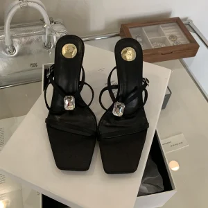 Women’s Black Satin Sandals 9cm Open Toe Big Diamond High Heels Shoes