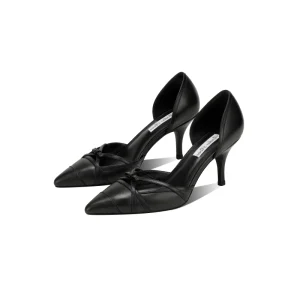 Women’s Black Smooth Leather D’Orsay Crisscross Thin Strap Mini Bow Pointed Toe Slim Stiletto Heel Office Formal Dress Shoes