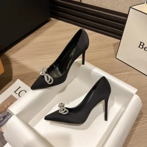 Women’s Black Stiletto High Heeled Sandals with Rhinestones Pointed Toe and Round Upper Hard Wearing for Dress