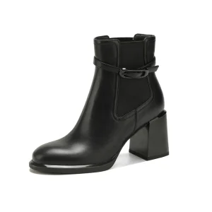 Women’s Black Strap Ankle Boots Square Korean Retro Fashion Chelsea-Style Lightweight Boots OEM/ODM Manufacturer