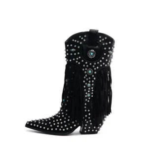 Women’s Black Studded Fringe Cowboy Boots with Turquoise Accents, Rhinestone Embellished Mid-Calf Boots