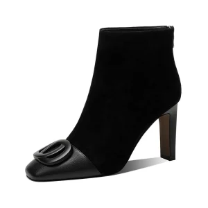 Women’s Black Suede Leather Fashion Formal Western Ankle Boots with Buckle Square Toe High Heel Height Increasing