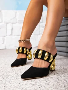 Women’s Black Suede Pointed Toe Mules Gold Metal Decor Ankle Strap Chain Heel Stylish Party Evening Dress Shoes