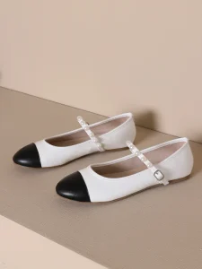 Women’s Black White Cap Toe Mary Jane Flats Pearl Strap Buckle Comfortable Ballet Shoes for Daily Wear