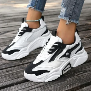 Women’s Black White Color Block Casual Sneakers Mesh Fabric Chunky Sole Lace Up Design Stylish Daily Wear Shoes