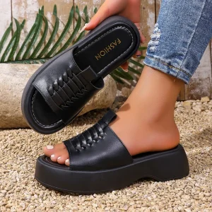 Women’s Black Woven Strap Platform Slide Sandals Open Toe Slip On Chunky Sole Casual Shoes Streetwear Summer Footwear