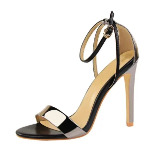 Women’s Black and Silver High Heel Sandals with Ankle Strap Open Toe Stiletto Heels Elegant Party Dress Shoes