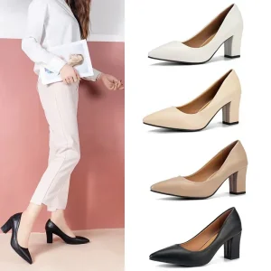 Women’s Block Heel Pointed Toe Work Shoes Shallow Slip On Korean Version of Simple High Heels