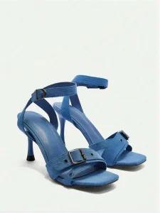 Women’s Blue Canvas Square Open Toe High Heel Sandals Ankle Strap Buckle & Eyelet Rivet Flared Heel Dress Shoes