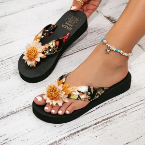 Women’s Bohemian Ethnic Style Flip Flops Summer Beach Sandals EVA Thick Bottom Flat Heel Heightening Breathable Leisure Holiday