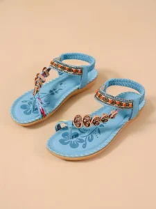 Women’s Bohemian Ethnic Trendy Summer PU Upper Breathable Lightweight Elastic Back Strap Beach Sandals Rhinestone Sequin Beaded