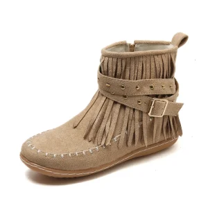 Women’s Boots Short Boots Autumn and Winter European and American Fashion Trend Large Size Flat Tassel Boots Women