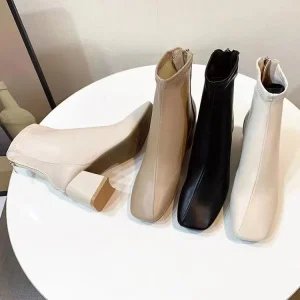 Women’s Boots Winter Fashion Square Toe Back Zipper Short Boots Thick Heel Mid Heel Boots