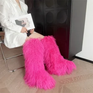 Women’s Boots Winter Real Mongolian Fur Wool Boots Warm Snow Fur Shoes