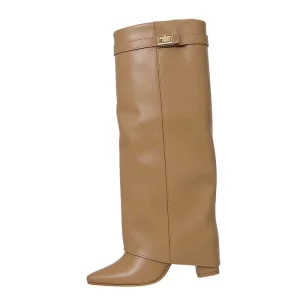 Women’s Boots with Pointed Tips Large Metal Buckles Medium Length Thick Heels Pants and