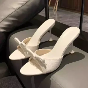Women’s Bow Decor Stiletto Mule Sandals Open Toe White Black Glitter Party Evening Dress Shoes