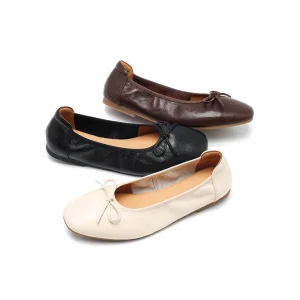Women’s Bow Detail Leather Ballet Flats Soft Round Toe Slip-On Casual Shoes