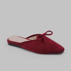 Women’s Bow Flats Slides Square Toe Velvet Ballet Mule Backless Burgundy Loafers Slippers for Women