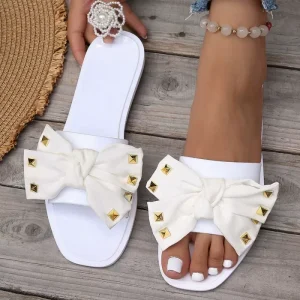 Women’s Bowknot Rivet Flat Crystal Casual Summer PVC Jelly Sandals High Heel Strap Closure Breathable Lightweight