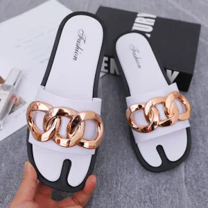Women’s Breathable Anti-Slip Casual Beach Flip Flops with Metal Buckle Summer Outdoor Fashion INS Style PU Upper PVC Midsole