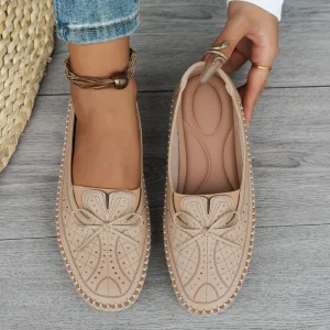Women’s Breathable Bow Perforated Loafers Slip-On Comfort Flat Shoes for Office & Daily Durable & Comfortable