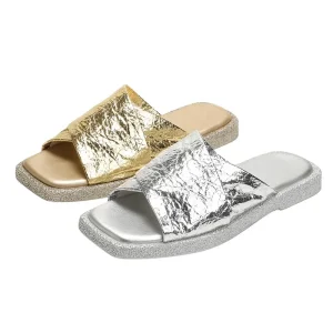 Women’s Breathable Comfortable Lightweight Open Toe Flats Gold Silver Metallic Slide Sandals Autumn Fashion Trend