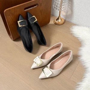 Women’s Breathable Lightweight Pu Upper Ballet Flat Single Pointed Toe Slip-On Shoe with Buckle for All Seasons