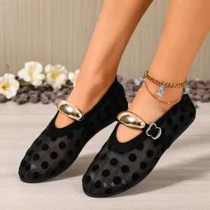 Women’s Breathable Mesh Ballet Flats Buckle Light Weight Anti Slip Casual Shoes Toe Solid Fishnet Summer Autumn Spring