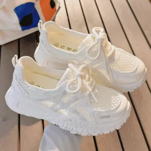 Women’s Breathable Mesh Lace-Up Autumn Thin-Soled White Sneakers New Versatile PU Upper Rubber Outsole Flower Decorated
