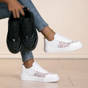 Women’s Breathable Mesh Upper Lace Paneled Casual Sneakers Lightweight Comfortable Flat Shoes For Summer