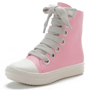 Women’s Breathable PU Leather Sneakers with Thick Lace Up Closure for Spring Summer Autumn Winter