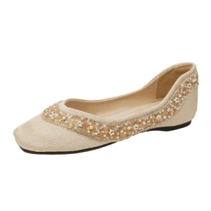 Women’s Breathable Slip-On Square Toe PU Upper Wedding Dress Flats Comfortable Rhinestone Sequin Decor Dressy for Spring Summer