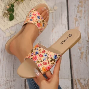 Women’s Breathable Spring Floral Printed Round Toe Leather Flat Sandals