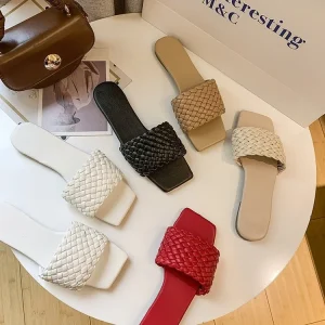 Women’s Breathable Woven Slide Sandals Square Toe Slip On Flats Non Slip Rubber Outsole Lightweight Casual Beach Shoes