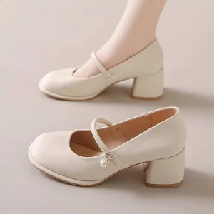 Women’s Bridal Mary Jane Pumps Slip On Summer Thick Heel 6cm Height Increasing Rubber Outsole Party Daily Shoes