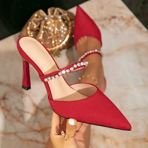 Women’s Bridal Shoes Crystal Embellished Pointed Toe High Heels Waterproof Red