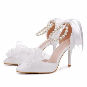 Women’s Bridal Shoes Pearl Closed Toe Thin Heels Wedding Sandals White Lace Bow Beaded Ribbon Plus Size Height Increasing