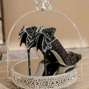 Women’s Bridal Waterproof Summer Thin Heels Pointed Toe Sequin Rhinestone Decorated Light Weight Comfortable Shoes for Bride