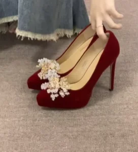 Women’s Bridal Wedding Shoes Thick Bottom Stiletto Engagement High Heels 7cm Red Velvet Spring Summer Autumn New
