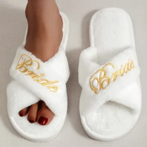 Women’s Bridesmaid Slides Fluffy House Fuzzy Faux Slippers Cozy Open Toe Fur House Wedding Bride Shoes