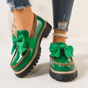 Women’s Bright Green Patent Leather Loafers Big Bow Decor Platform Sole Casual Chunky Heel Shoes