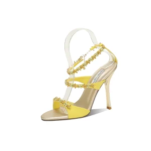Women’s Bright Yellow Faux Leather 3 Rows Gradient Crystal Chain Ankle Strap Sandals Round Toe Metallic Insole Stiletto Heel